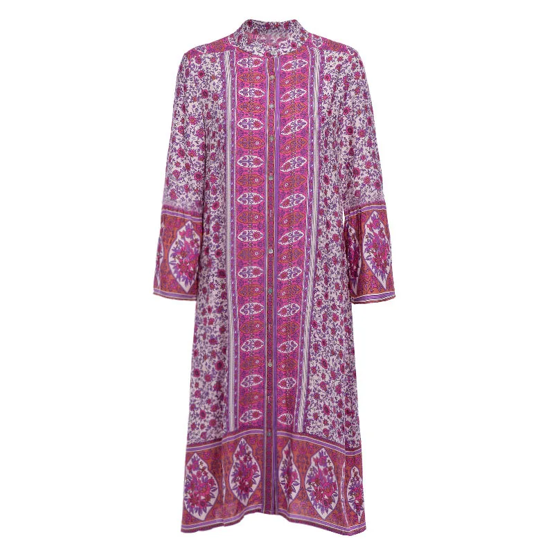 

Summer women's bohemian beach skirt buckle cardigan print dress