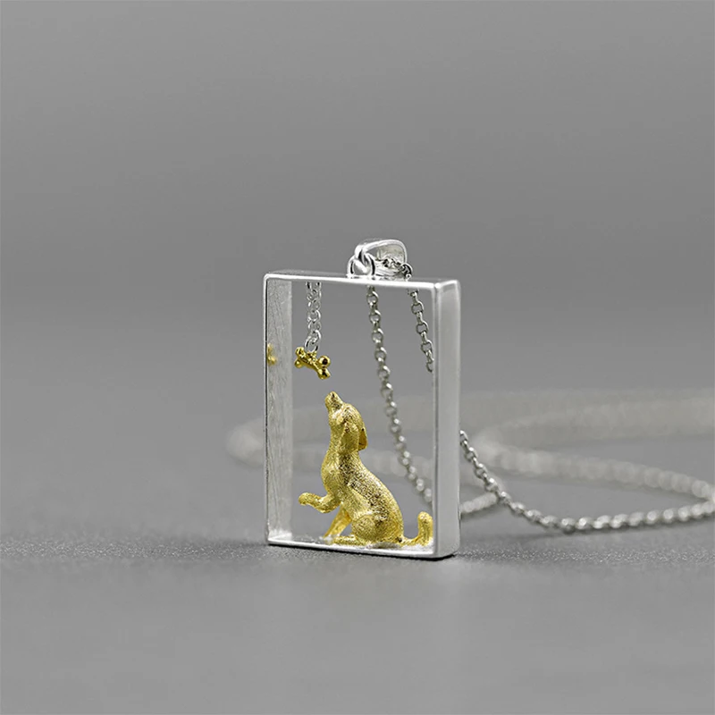 

Lotus Fun Moment 925 Sterling Silver Jewelry Cute 18K Gold Dog and Bone Shaped Pendant Necklace For Women Gift Rectangle Pendant