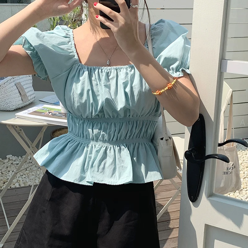 Gaganight женская блузка лето квадратный воротник голая спина тонкая с коротким