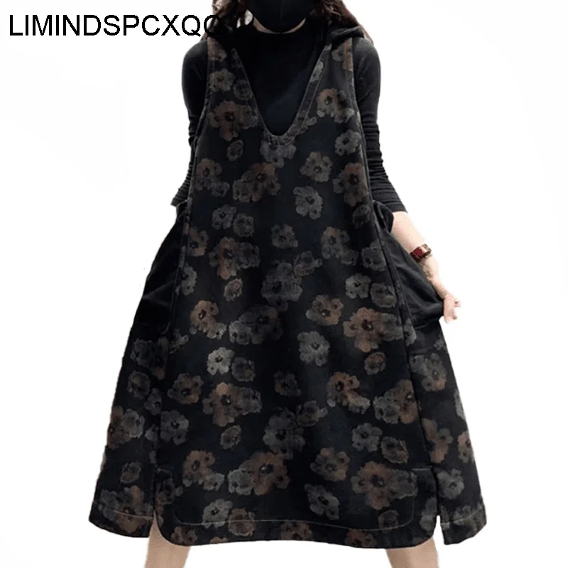 

LIMINDSPCXQQ Winter Womens Loose Fur Denim Dresses Ldies Casual Vest Vintage Floral Vestidos Sleeveless Design Elegant Clothes