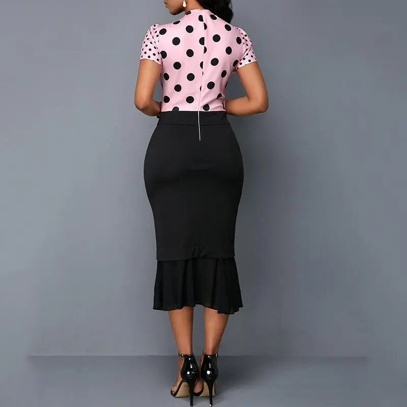 

Summer Office Ladies Vintage Plus Size Party Sweet Pink Women Midi Dresses Mermaid Polka Dots Embroidery Lace African Chic Dress