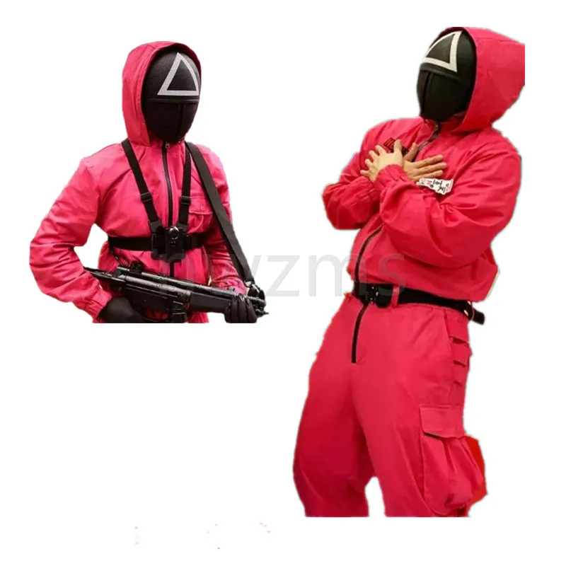 

Spot goods Squid game villain Red jumpsuit cosplay costume Halloween party Round Six mask squid game netflix