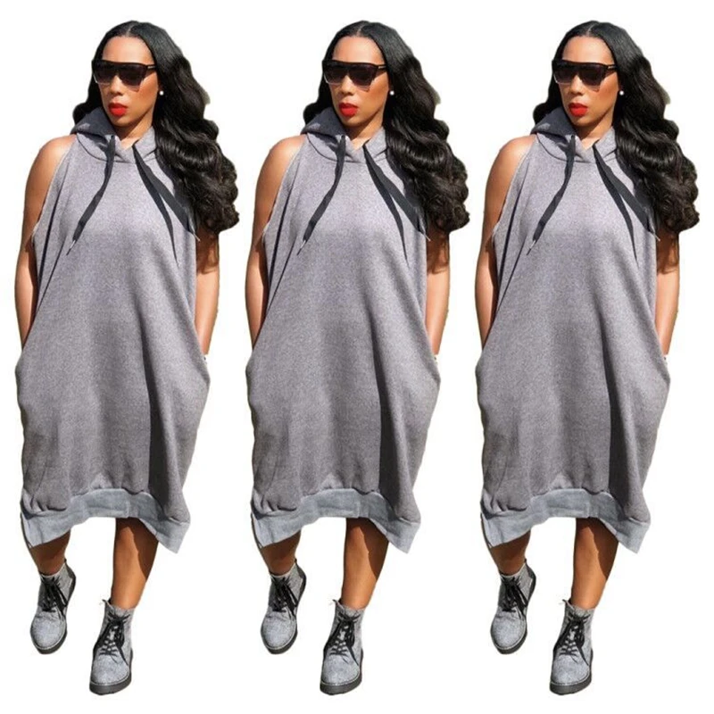 

Streetwear Loose Long Dresses for Women Casual Sleeveless Hooded Long Midi Dress Spring 2021 Female New Fashion Oversized Dress