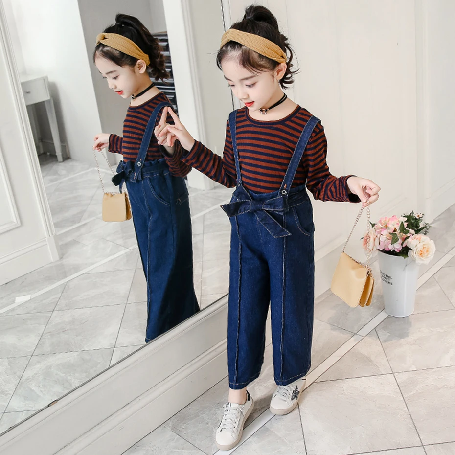 Одежда для подростков девочек детский комбинезон из джинсовой ткани и футболка 2