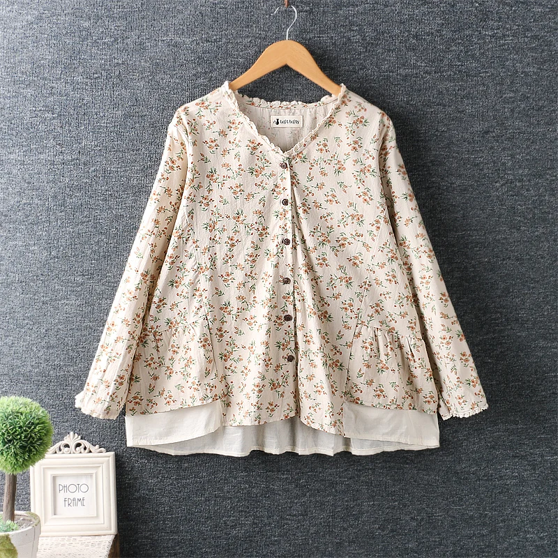 

2021 New Spring Women Blouse Japan Style Mori Girl Cotton linen Floral Print Loose Tops Long Sleeve Shirt