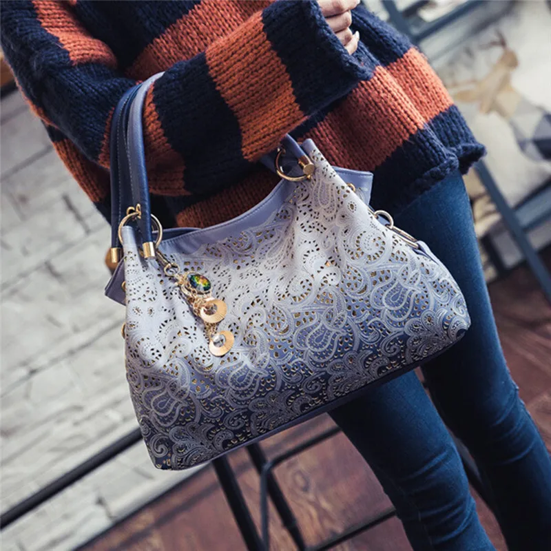 

Women Handbags Shoulder Bags Ladies Pu Leather Bag Ladies Luxury Brand Bag Big Tote Fashion Hollow Out Ombre Floral Print Female