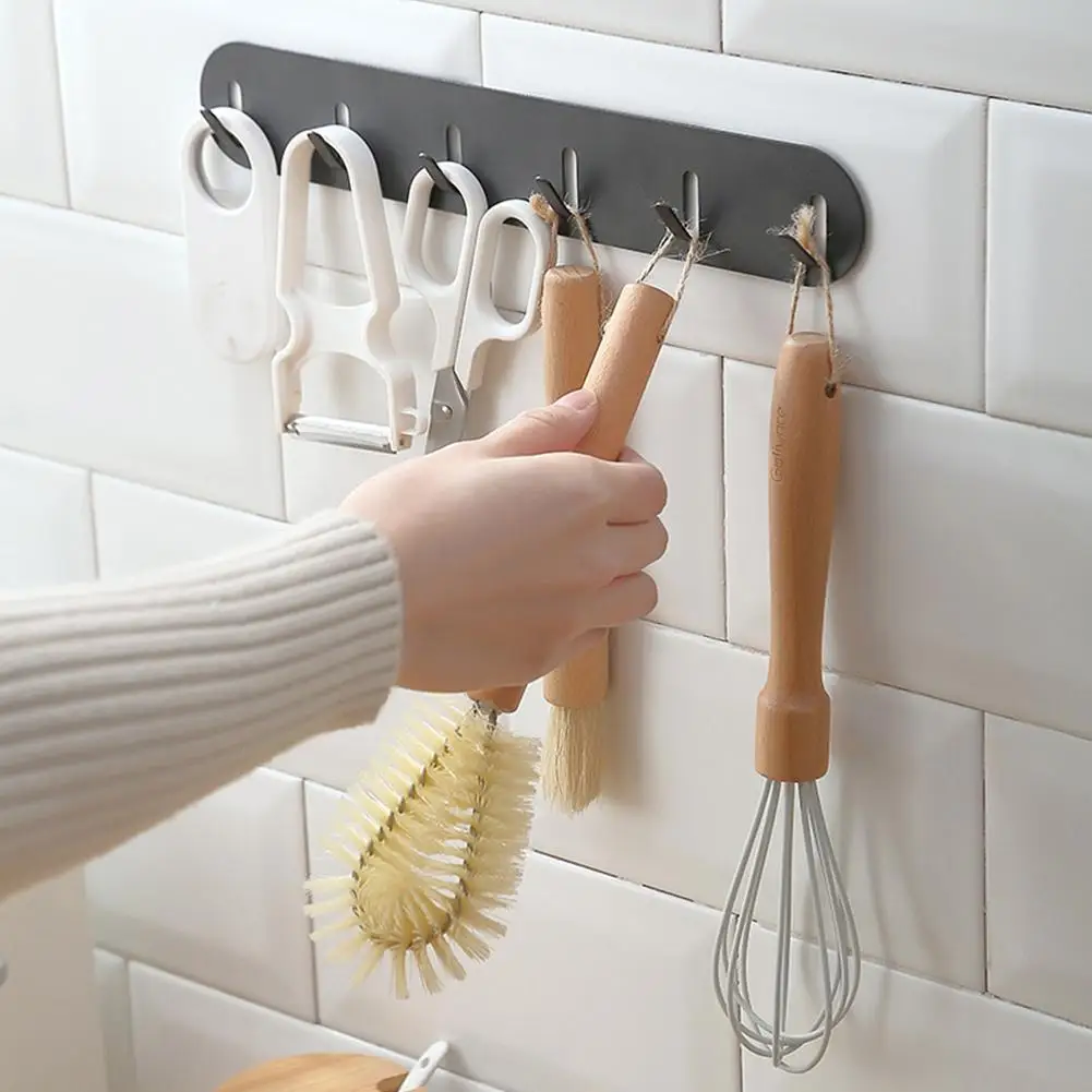 

6 Hooks Wall-mounted Nail-free Hooks Kitchen Organize Holder Mug Cup Cupboard Kitchen Organiser Storage Hanging Rack Holder