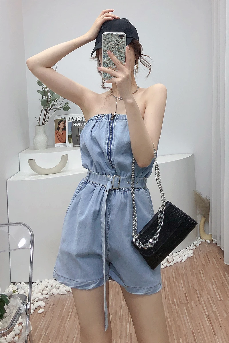 

Fashionable Zipper Tube Top Denim Jumpsuit Women's Summer High Waist Slimming Playsuits Lady Wide Leg Shorts Rompers