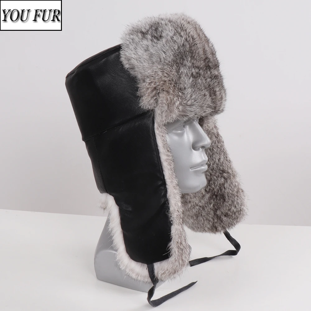 

Hot Sale New Unisex 100% Natural Rabbit Fur Bomber Hats Winter Men Warm Real Rabbit Fur Hat Russian Male Full Pelt Real Fur Caps