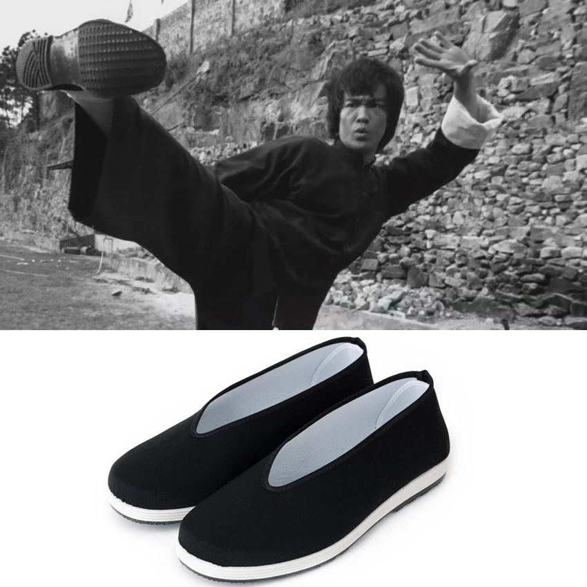 

Traditional Chinese Style Men Kung Fu Shoes Old Beijing Bruce Lee Tai Chi Wushu Black Martial Arts Shoes Tang Suit Sportwear