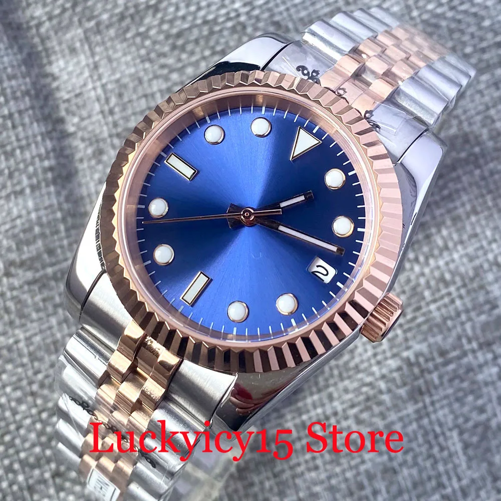 

Nologo 36mm 39mm Dress Men Watch Automatic 24Jewels NH35A Movement Two Tone Rose Gold Fluted Bezel Jubilee Band Date