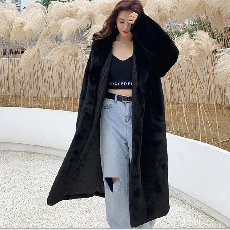 Winter Coat Women Rex Rabbit Hair Korean Fur Coat Hooded Imitation Mink Long Hair Jacket Loose Thick Warm Faux Fur Jacket