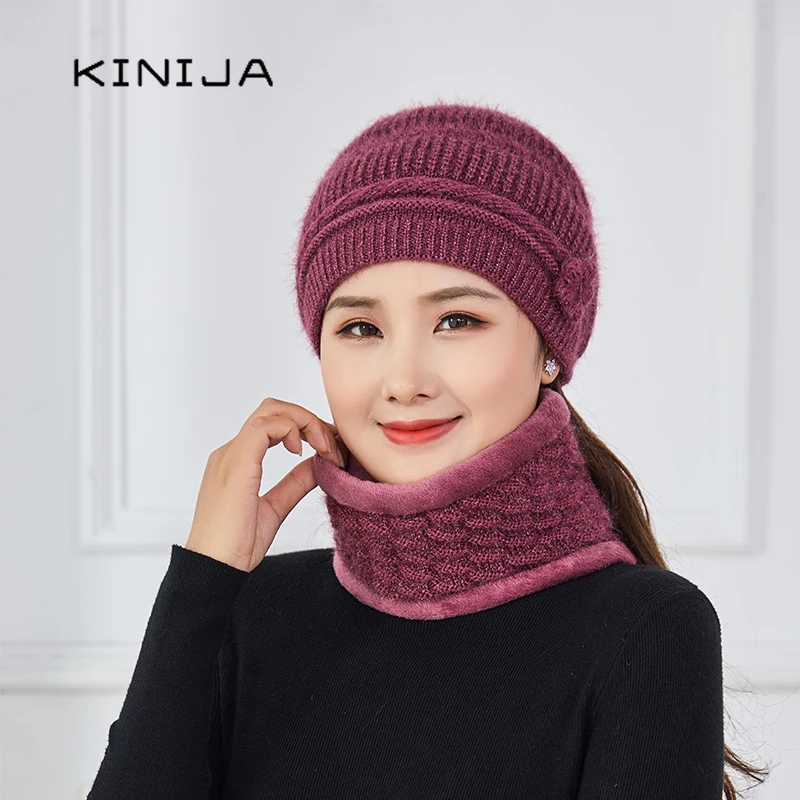 New Winter Mother's Beanies Hat Women Warm Thick Skullies Gorras Stripes Cap Mask set flower decorate Knitted wool hat