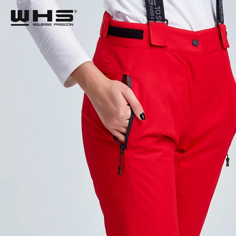 WHS женские лыжные брюки брендовые уличные термальные хлопковые брюки подтяжки водонепроницаемые дышащие ветрозащитные спортивные брюки