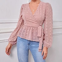 spring v neck wrap blouses women long sleeve casual office tops female solid ruffles pink blouses elegant lace up work tops