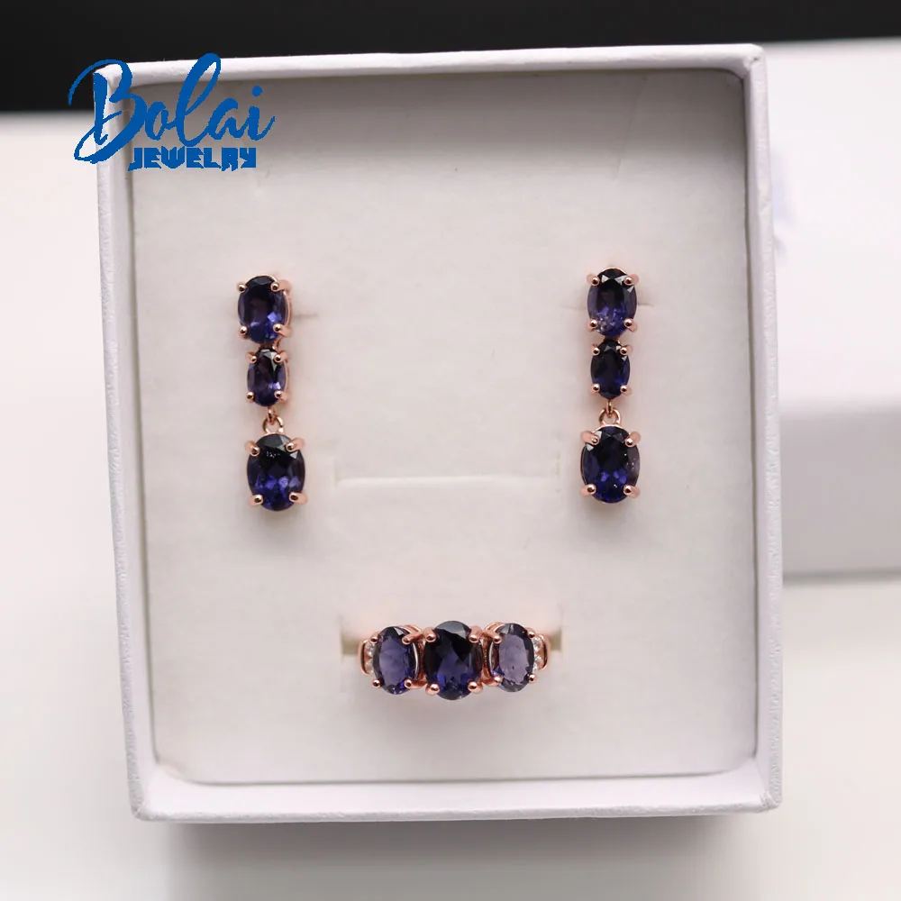 2021 New Natural Iolite gemstone ring earring jewelry set contracted fashion suits daily wear female Fine jewelry