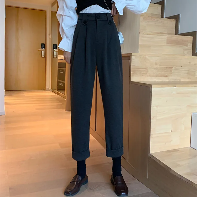 

OL High Waist Harem Suit Pants Women Bottoms 2021 New Autumn Winter Carrot Woolen Pants Plus Size Thick Loose Trousers