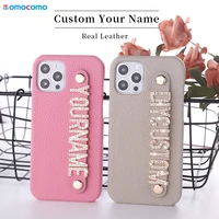 custom name real cowhide leather phone case for iphone 11 12 13 pro mini max x xr xs 7 8plus diamond metal letters cover coque