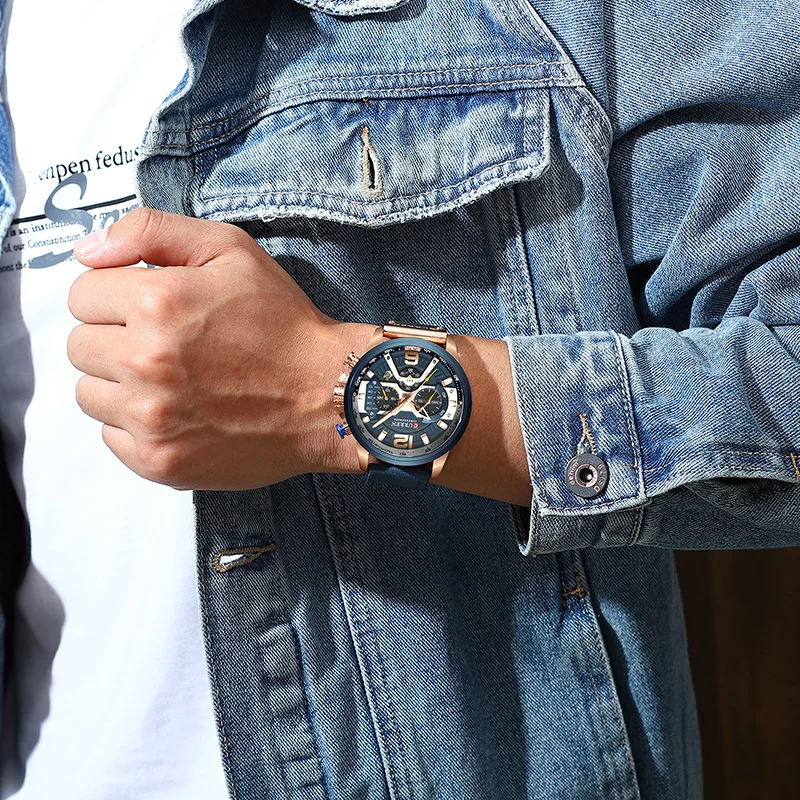 CURREN Casual Sport Watches for Men Blue Top Brand Luxury Military Leather Quartz Watch Man Clock Fashion Chronograph Wristwatch | Наручные