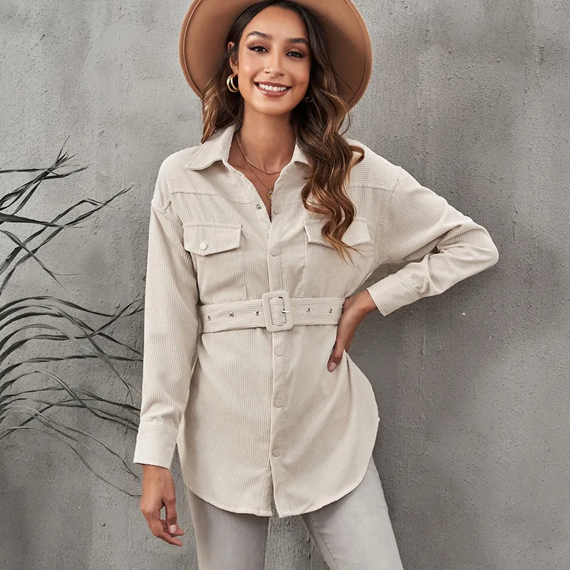 

European and American Corduroy Jacket Coat Women's Autumn Winter New Solid Color Button with Belt Pocket Top