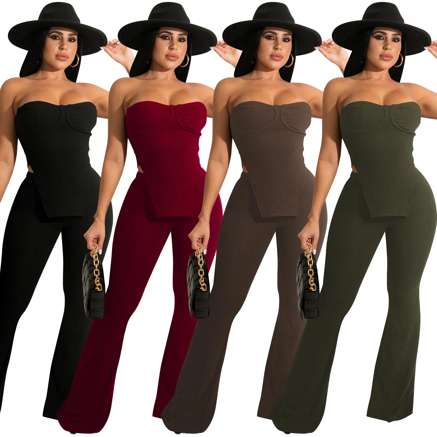 

Zoctuo Slim Pants Sets Casual Solid Women Two 2 Piece Pant Outfits Hollow Out Sexy Strapless Tops Flare Trousers Suit Backless