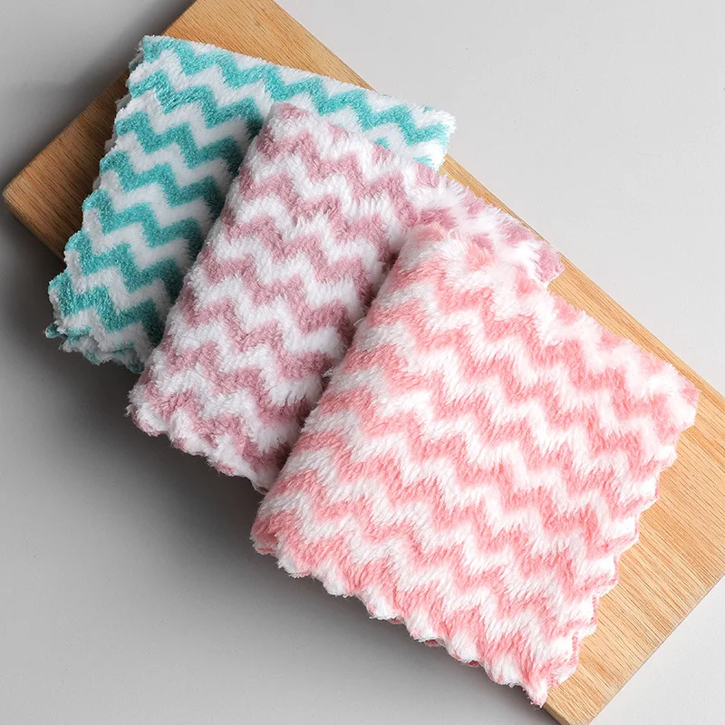 

1pc Household Kitchen Cleaning Cloth Coral Velvet Towel Super Absorbent Soft Dishcloth Stripe Dish Washing Cloth Kitchen Rags