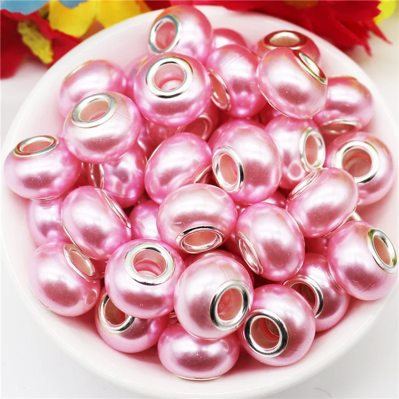 

10Pcs Pink Color Smooth Surface European Resin Murano Large Hole Spacer Beads Charms for Bracelet DIY Craft Bracelet Necklace