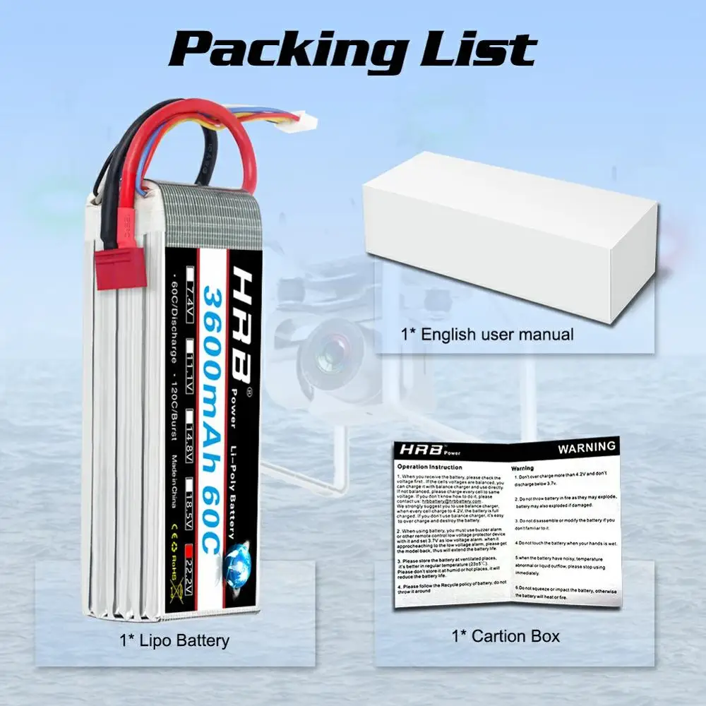 

HRB 4S Lipo Battery 3600mah 60C 14.8V 22.2V 6s Battery with EC5 T plug for RC 450 550 Airplane heli Drone For rc car RC Boat
