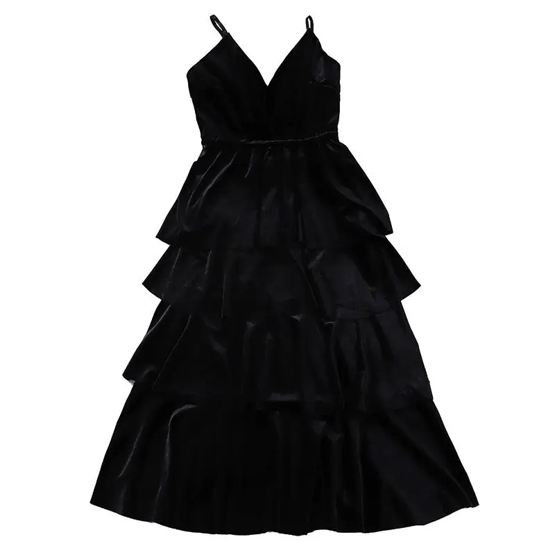 Vintage Gold Velvet Long Dress Women Sleeveless Spaghetti Strap V-Neck Sexy Multi-Layer Ladies Party Vestidos C5746 | Женская одежда
