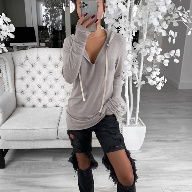 

2021 autumn irregular solid color drawstring V-neck fleece bottoming shirt hooded sweater women women's daily temperament wear