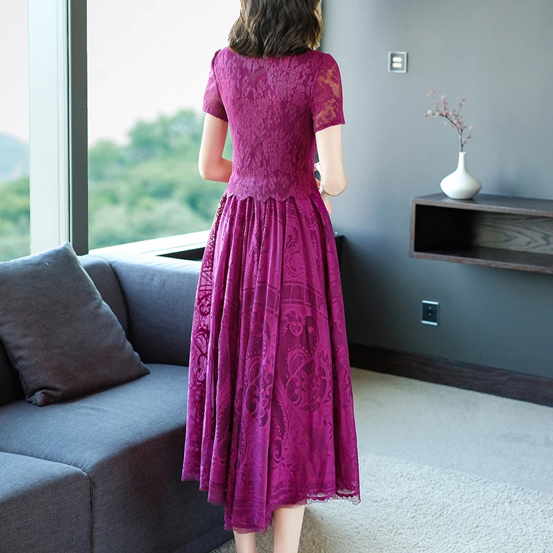 

COIGARSAM Women Dress Summer Spring 2021 New Cheongsam Casual Short Sleeve Lace O-Neck Rose Wine Red Dresses Traf Robe Vestidos