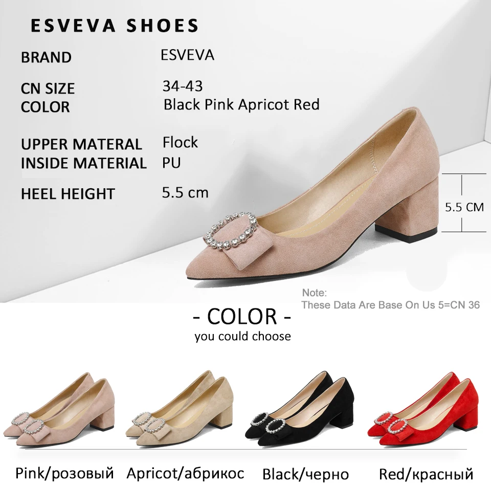 

ESVEVA 2018 Women Pumps Shoes Slip on Crystal Sweet Style Slip on Square High Heels Flock Pointed Toe Women Shoes Size 34-43