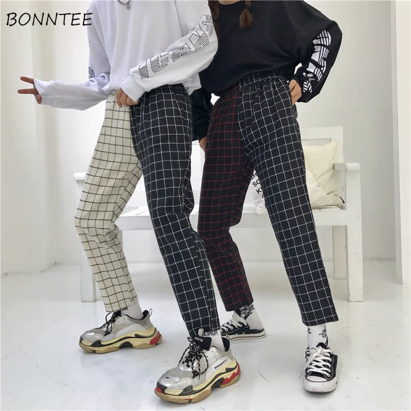 

Pants Women Plaid Vintage Patchwork Korean Harajuku Hip Hop Ankle-length Trousers Womens Leisure Ulzzang Couple Elastic Waist
