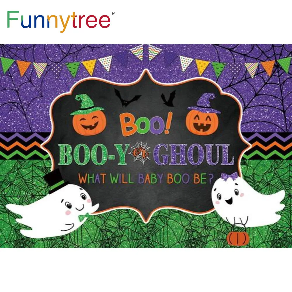 

Funnytree What Will Baby Boo Be Halloween Pumpkin Party Backdrop Baby Shower Gender Reveal Banner Ghost Photocall Background