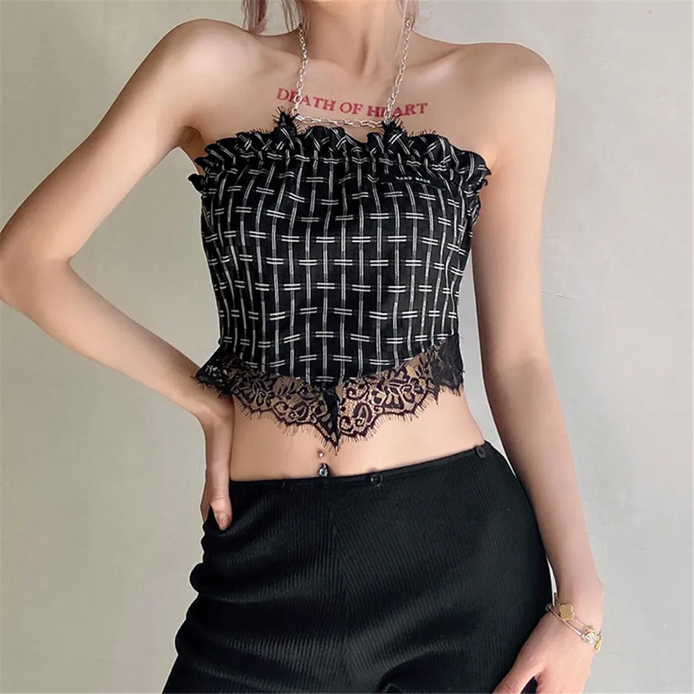 

Summer Women Sexy Chain Halter Crop Tops Black Plaid Print Sleeveless Backless Lace Trim Patchwork Slim Fit Camis Nightclub