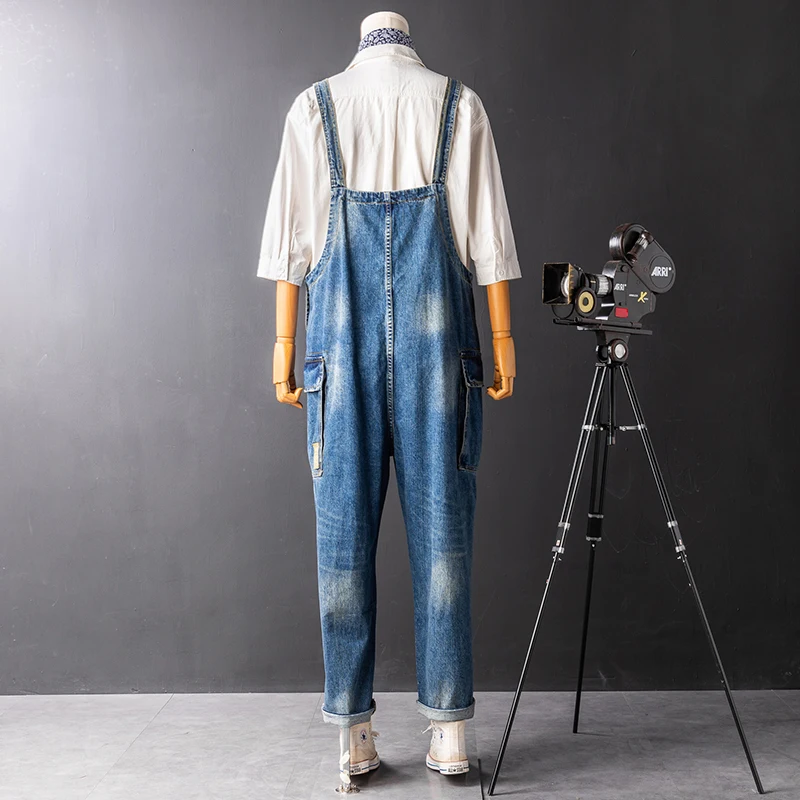 

ABOORUN Men's Blue Bib Denim Overalls Big Pockets Ripped Hole Jumpsuits Loose Cargo Jeans for Male