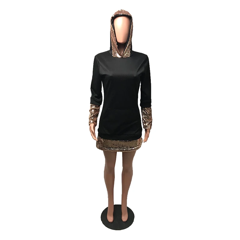 

Women Dress Sexy Hooded Sequin Long Sleeve Side Pockets Patchwork Black Dress Plus Size Elegant Ladies Bodycon Mini Vestidos