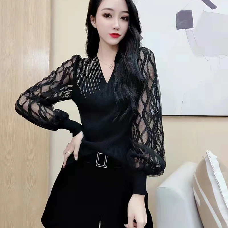 

Mesh Hollow out Stitching Knitwear Women's 22 Spring, Autumn and Winter New Long Sleeve Cross V-neck Western Style Slim Fit Top