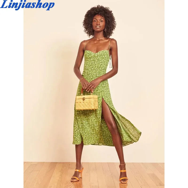 

Женское пляжное платье миди, элегантное зеленое платье без рукавов с открытой спиной и цветочным принтом на подкладке, с разрезом, лето