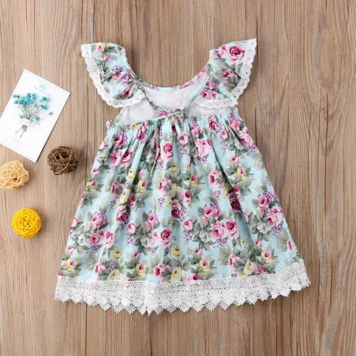 Summer Hot Sell Cute Kids Baby Flower Girls Flying Sleeve Backless Dress Lace Patchwork Floral Party Pageant Princess Dresses | Детская