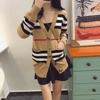 womens mid length knitted jackets v neck loose striped sweater female cashmere cardigan thin ladies trench coat casual knitwear