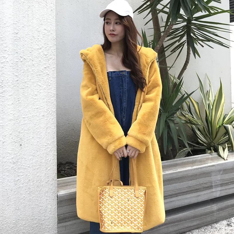 Зимнее новое пальто с искусственным кроличьим мехом длинное капюшоном толстое