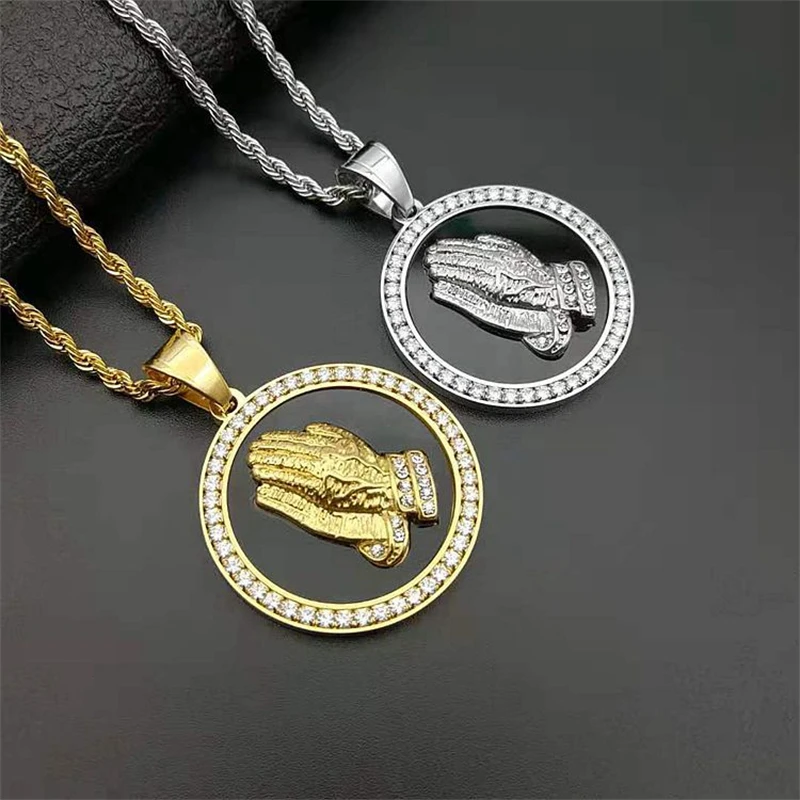 

Luxury Designs Pray Hand Pendants With Cubic Zirconia Fashion 316l Stainless Steel Chain Necklace Men's Hip Hop Jewelry 2021