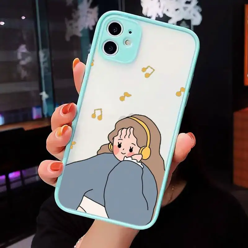 

Aesthetic cartoon girl Phone Cases Matte transparent For blue iPhone 12 Mini 11 Pro XR XS Max 7 8 Plus X Back Cover