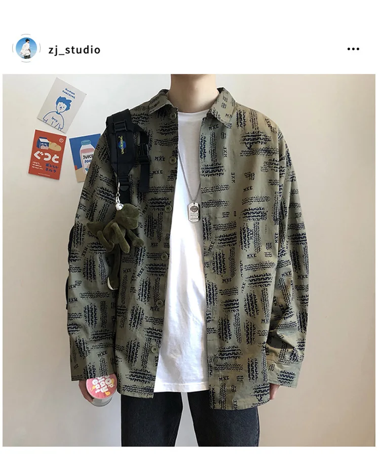 

2020 men's wear autumn plump handsome loose Long Sleeve Shirt Men's trend BF coat Korean personalized printed shirt coat