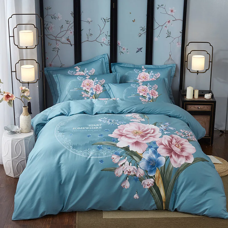 

Home Textile Blue 4PCS Flowers Printed Bedding Set Bed Linens Adult Kids Bedroom Duvet Cover Set Pillowcase Twin Full Queen King