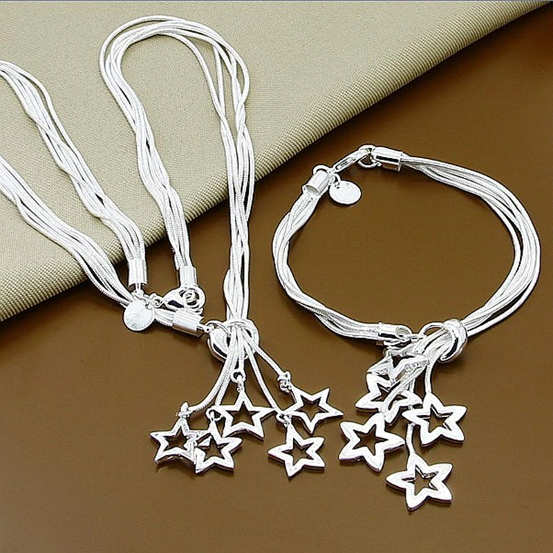 

New Style 925 Sterling Silver Snake Chain Star Pendant Necklace Bracelet Set For Women'S Engagement Party Wedding Fashion Jewelr