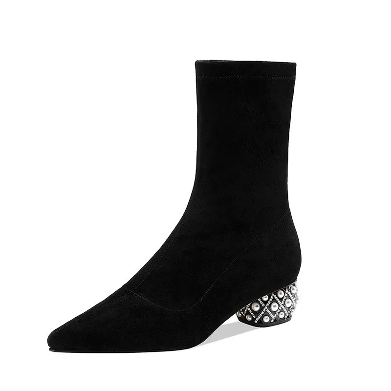 

Women Sexy Pointed Toe Crystal Heel Boots Ladies Solid Ankle Sock Boots Mujeres Designer Shoes