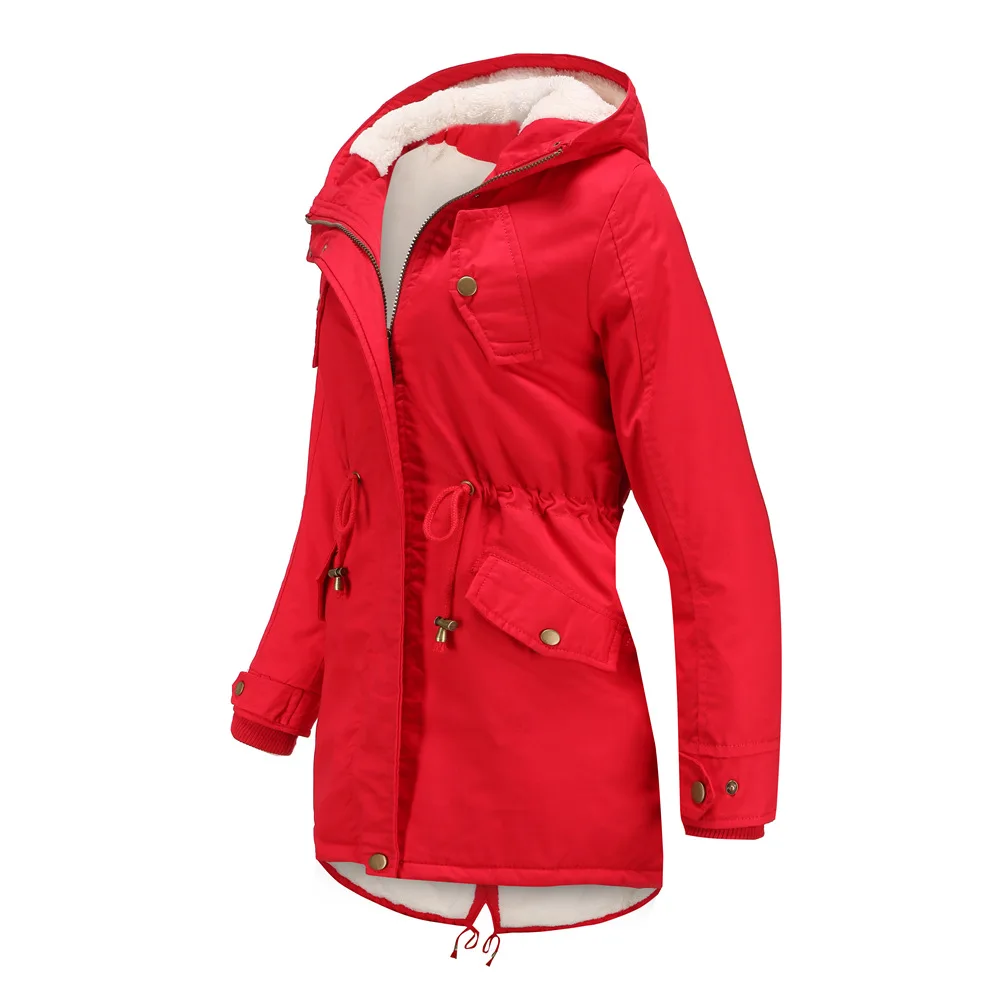 Autumn Winter New Women's Cotton-padded Clothes Solid Color Hooded Drawstring Waist Winter Coat Plus Velvet Winter Clothes Women