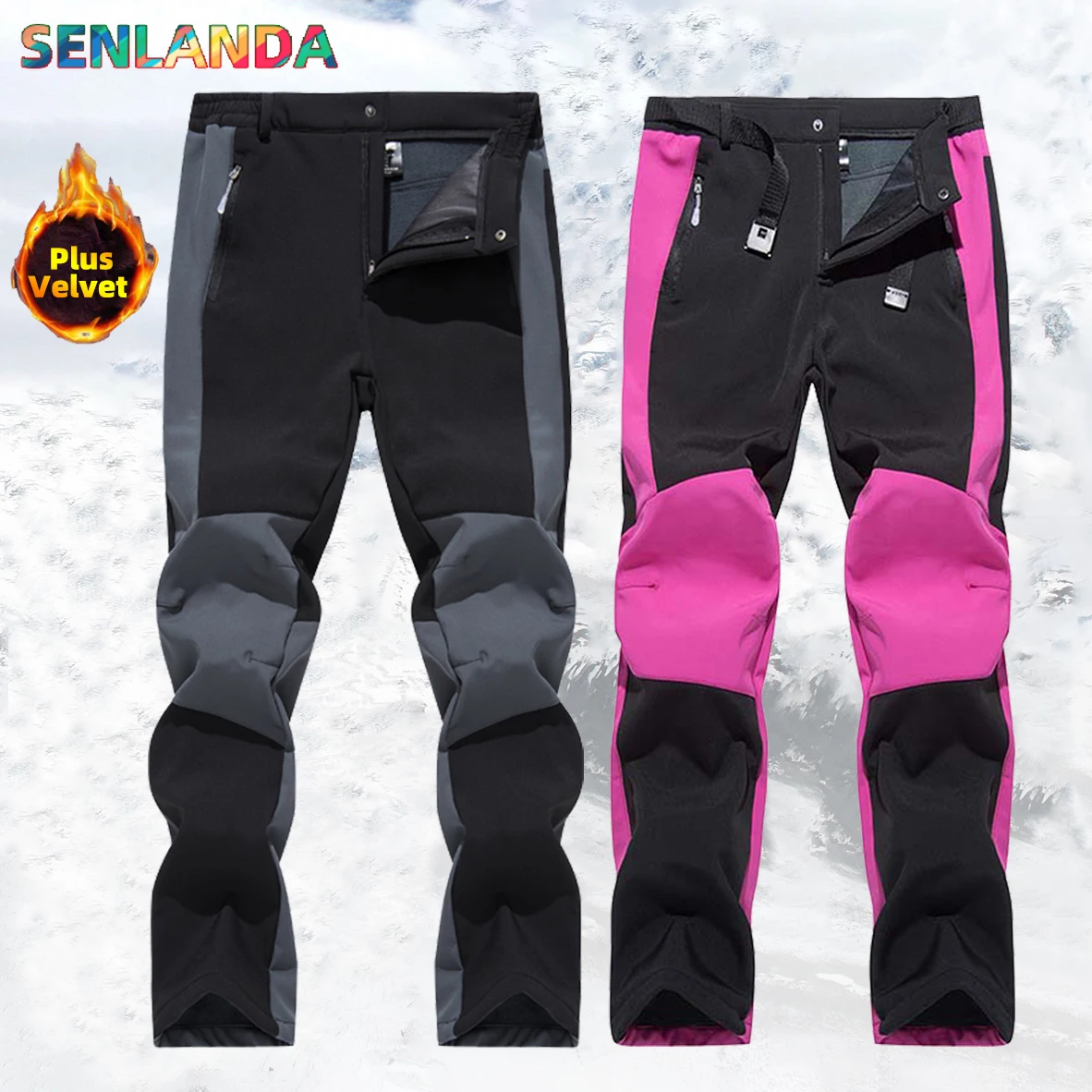 

SENLANDA Men Women Winter Outdoor Plus Velvet Softshell Hiking Pants Warm Fleece Mountain Skiing Camping Trekking Sport Trousers